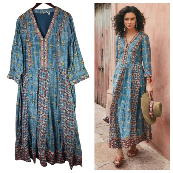 Soft Surroundings San Remo Maxi Dress Sz 24W 3X Gypsy Boho Peasant Blue Kaftan - Picture 1 of 6